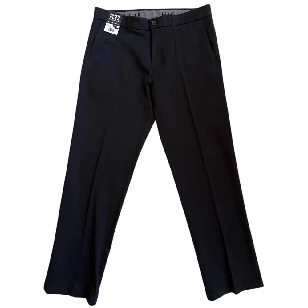 NEW! Haggar Mens Ultimate Travel Khaki Black Straight Fit Super Flex Pants 34x30